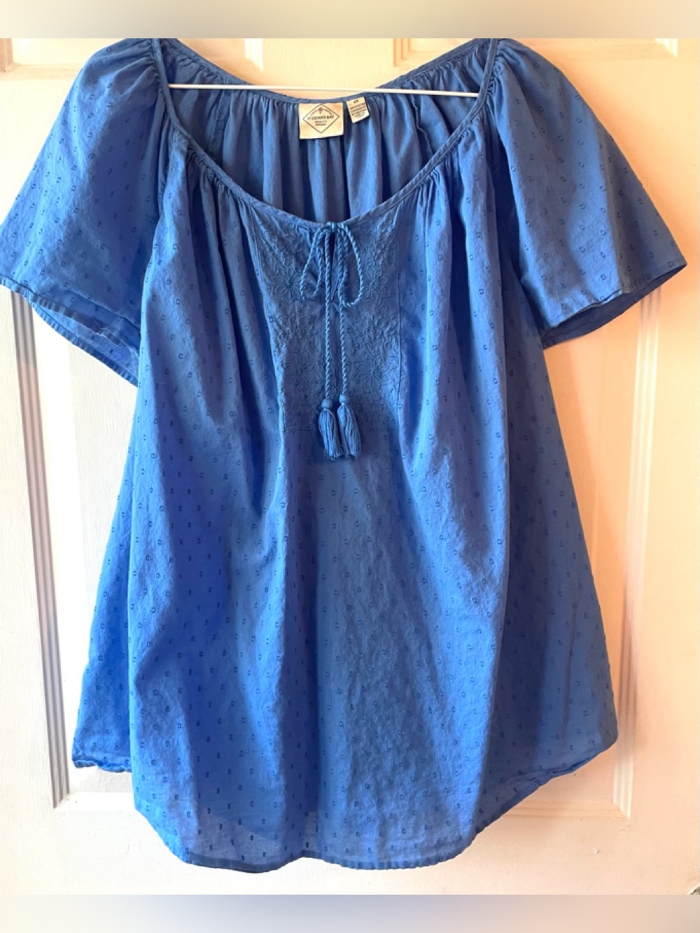 St. John’s Bay Blue Textured Spots Floral Panel Tie Front Boho Peasant Top 2X